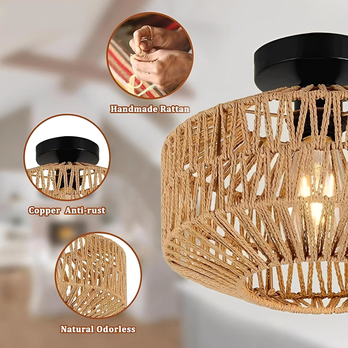 Plafonnier Rotin Bohème Tissé Main | Luminaire Naturel Artisanal